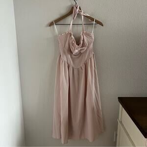 NWT Shein Mod Light Pink Pinafore Pin Up Dress Halter Tie Back Smocking Midi L